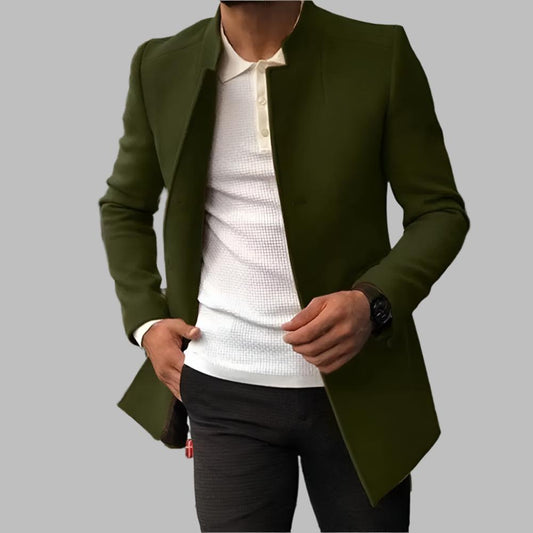 Men’s Modern Stand Collar Coat – Olive Green Longline Jacket