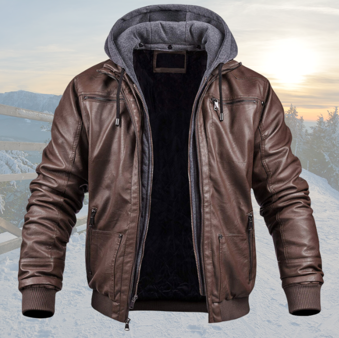 Men’s Hooded Leather Jacket – Casual Bomber Style with Inner Sweatshirt Layer