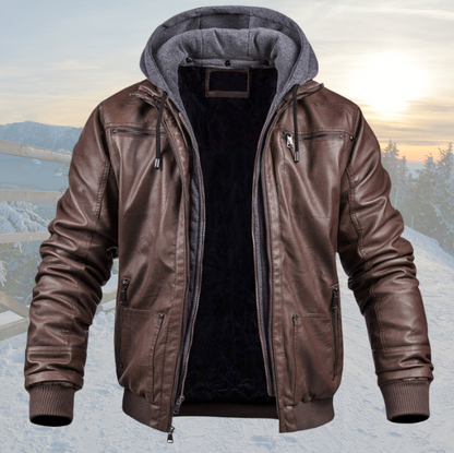 Men’s Hooded Leather Jacket – Casual Bomber Style with Inner Sweatshirt Layer