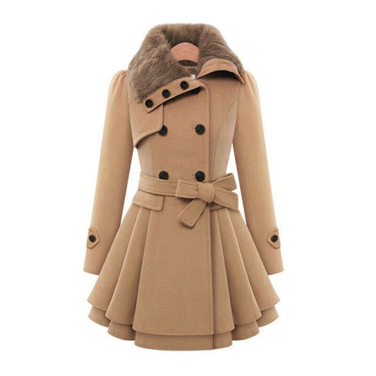 Women’s Double-Breasted Wool Blend Coat with Faux Fur Collar