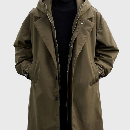 Men’s Hooded Long Trench Coat – Minimalist Oversized Windbreaker Jacket