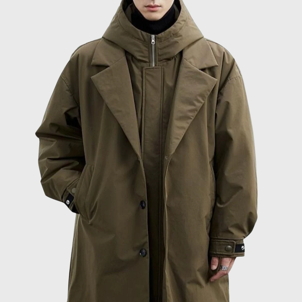 Men’s Hooded Long Trench Coat – Minimalist Oversized Windbreaker Jacket