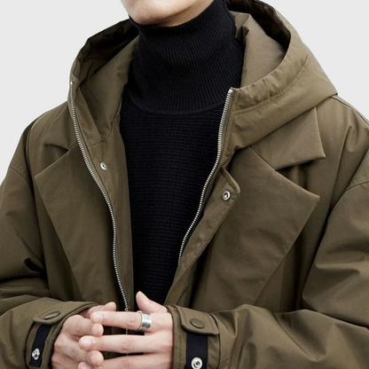 Men’s Hooded Long Trench Coat – Minimalist Oversized Windbreaker Jacket