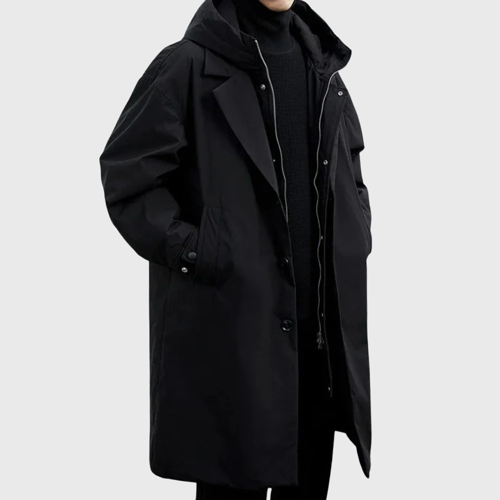 Men’s Hooded Long Trench Coat – Minimalist Oversized Windbreaker Jacket