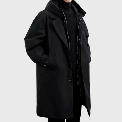 Men’s Hooded Long Trench Coat – Minimalist Oversized Windbreaker Jacket