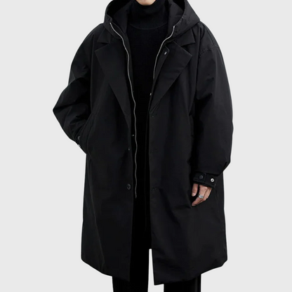 Men’s Hooded Long Trench Coat – Minimalist Oversized Windbreaker Jacket