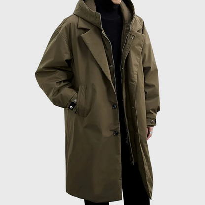 Men’s Hooded Long Trench Coat – Minimalist Oversized Windbreaker Jacket