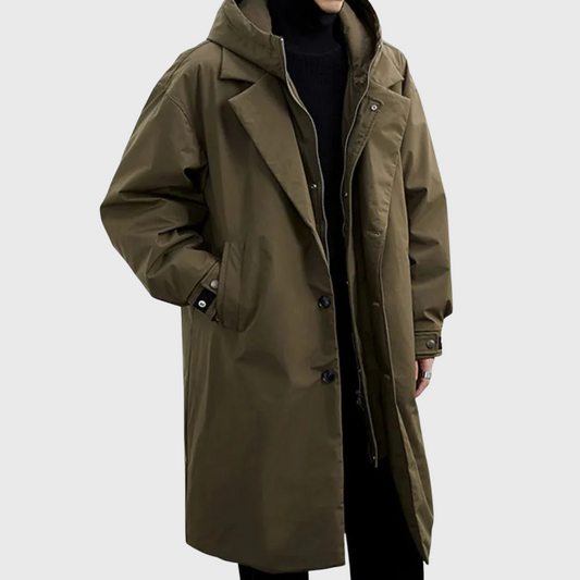 Men’s Hooded Long Trench Coat – Minimalist Oversized Windbreaker Jacket