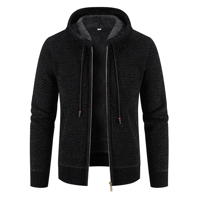 Men’s Knitted Fleece-Lined Zip Hoodie – Warm Winter Cardigan Jacket