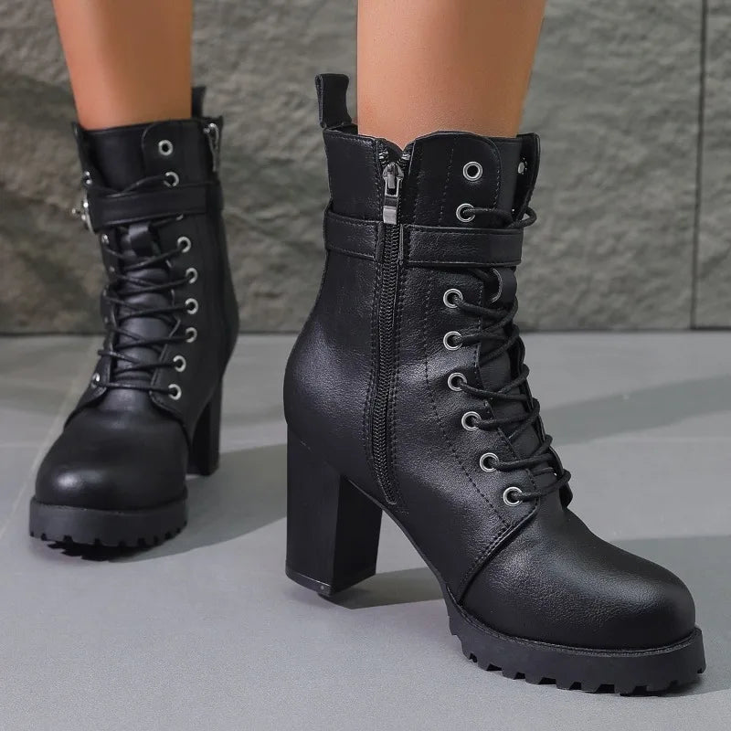 Women’s Lace-Up Ankle Boots – Block Heel with Buckle Strap