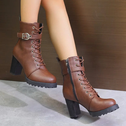 Women’s Lace-Up Ankle Boots – Block Heel with Buckle Strap