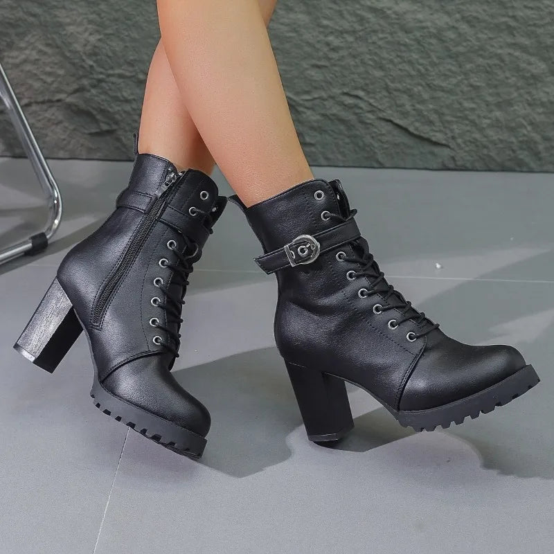 Women’s Lace-Up Ankle Boots – Block Heel with Buckle Strap