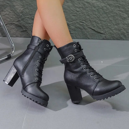 Women’s Lace-Up Ankle Boots – Block Heel with Buckle Strap