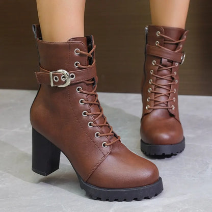 Women’s Lace-Up Ankle Boots – Block Heel with Buckle Strap