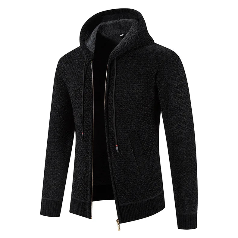 Men’s Knitted Fleece-Lined Zip Hoodie – Warm Winter Cardigan Jacket