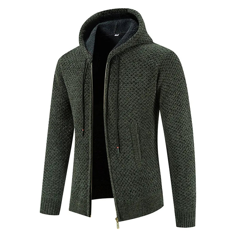 Men’s Knitted Fleece-Lined Zip Hoodie – Warm Winter Cardigan Jacket