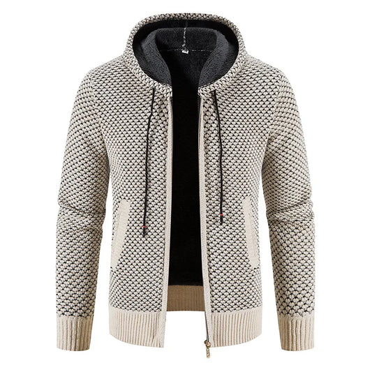 Men’s Knitted Fleece-Lined Zip Hoodie – Warm Winter Cardigan Jacket