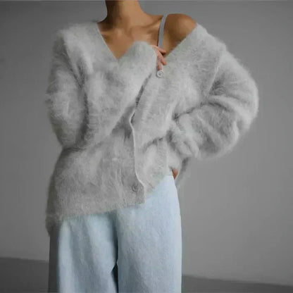 Women’s Soft Fuzzy Knit Cardigan – Cozy Button-Up Sweater