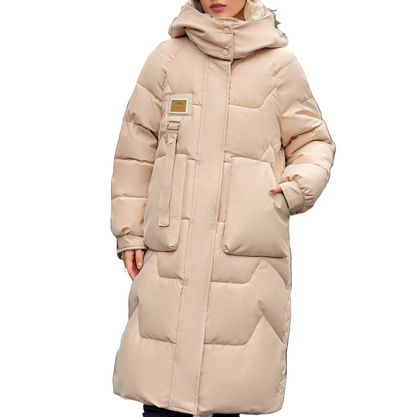 Women’s Long Puffer Coat with High Neck and Oversized Pockets