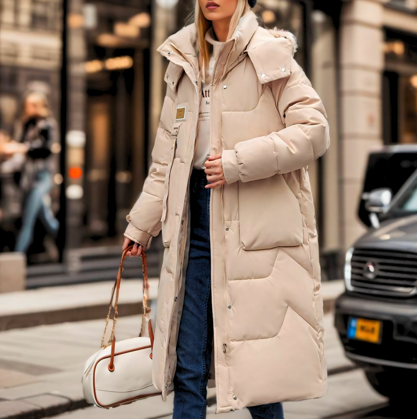 Women’s Long Puffer Coat with High Neck and Oversized Pockets