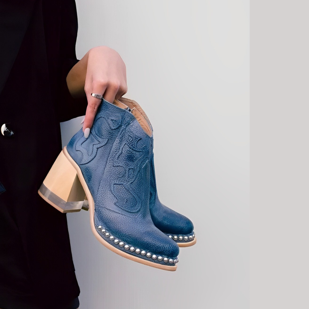 Women’s Western Ankle Boots – Block Heel with Studded Trim