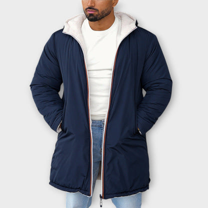 Men’s Reversible Long Fleece Hooded Coat – Dual-Sided Sherpa Winter Jacket