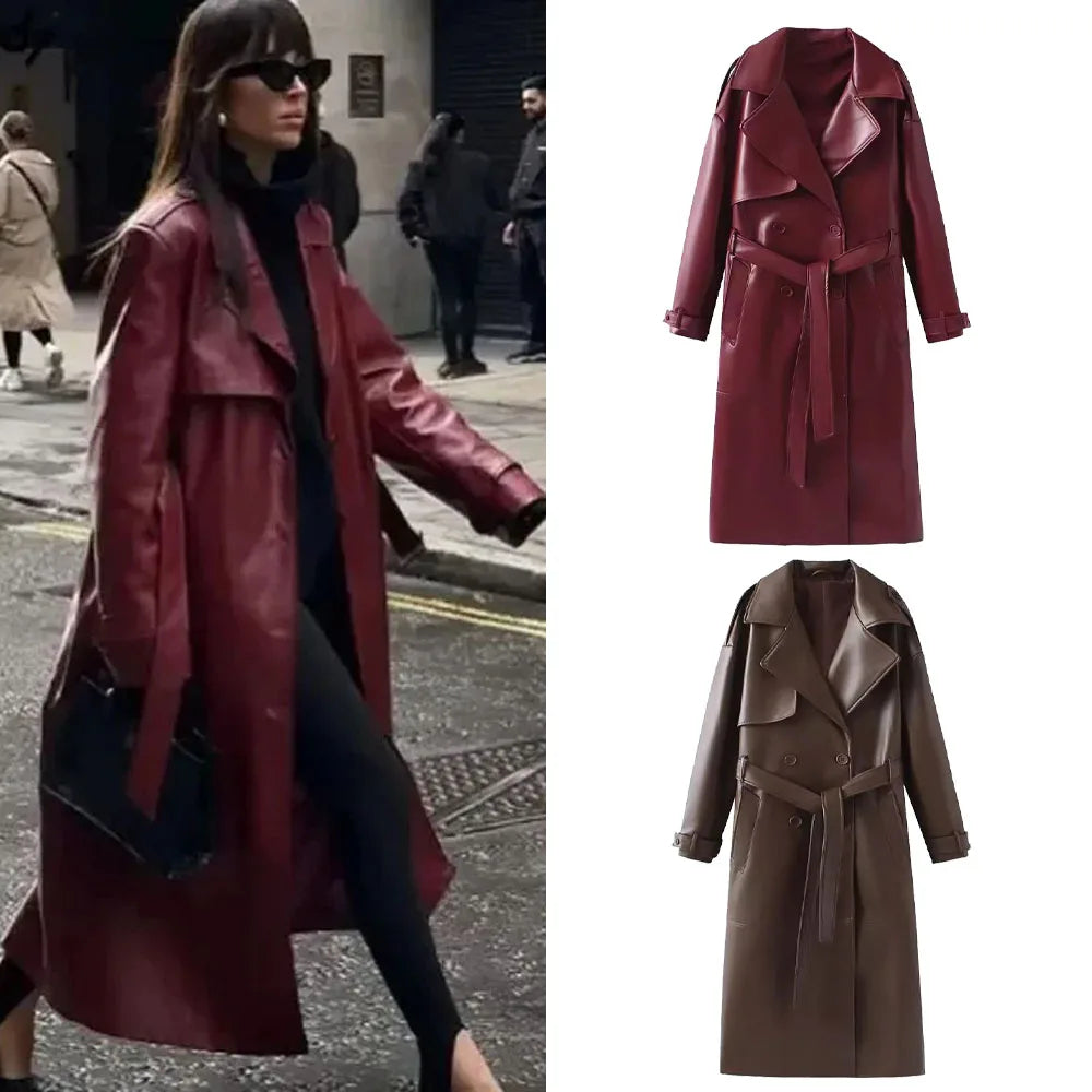 Women’s Long Faux Leather Trench Coat