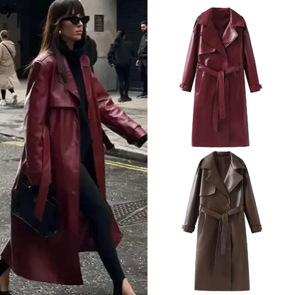 Women’s Long Faux Leather Trench Coat