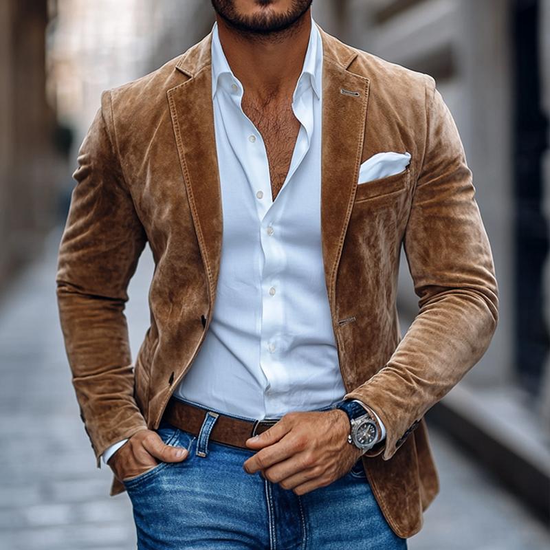 Men’s Suede Blazer Jacket – Soft Textured Casual Sport Coat in Camel Brown