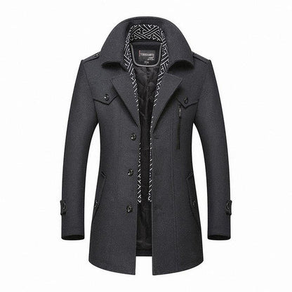 Men’s Classic Wool-Blend Pea Coat – Tailored Winter Jacket with High Collar