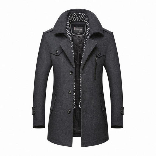 Men’s Classic Wool-Blend Pea Coat – Tailored Winter Jacket with High Collar