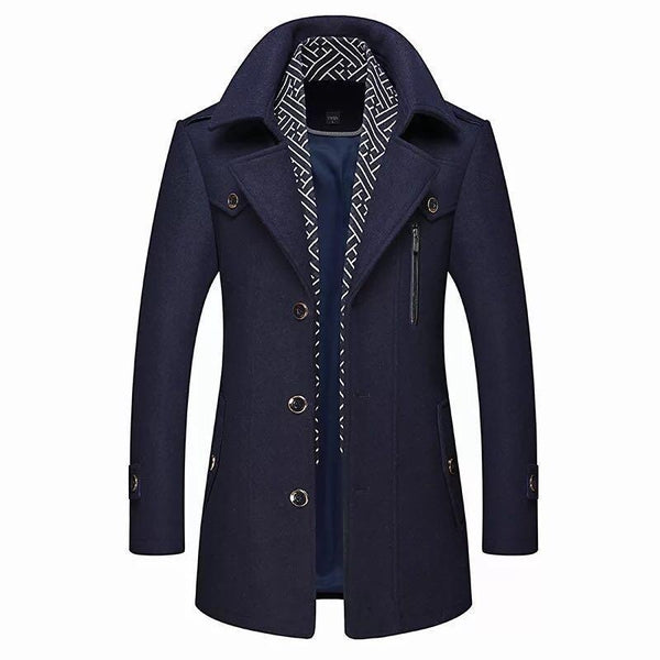 Men’s Classic Wool-Blend Pea Coat – Tailored Winter Jacket with High Collar