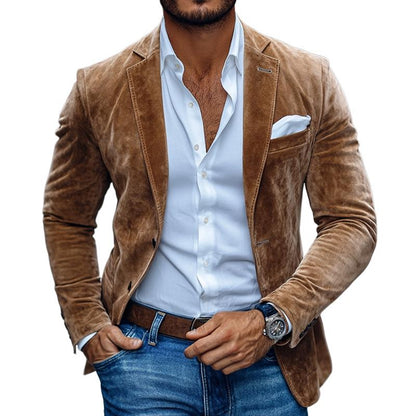 Men’s Suede Blazer Jacket – Soft Textured Casual Sport Coat in Camel Brown