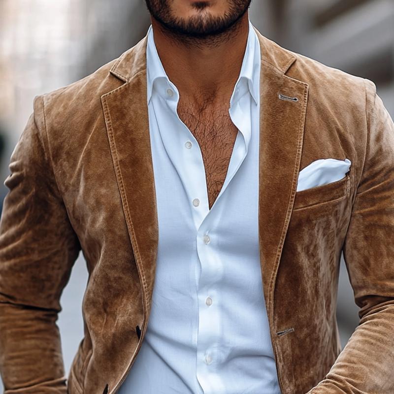 Men’s Suede Blazer Jacket – Soft Textured Casual Sport Coat in Camel Brown