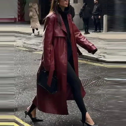 Women’s Long Faux Leather Trench Coat