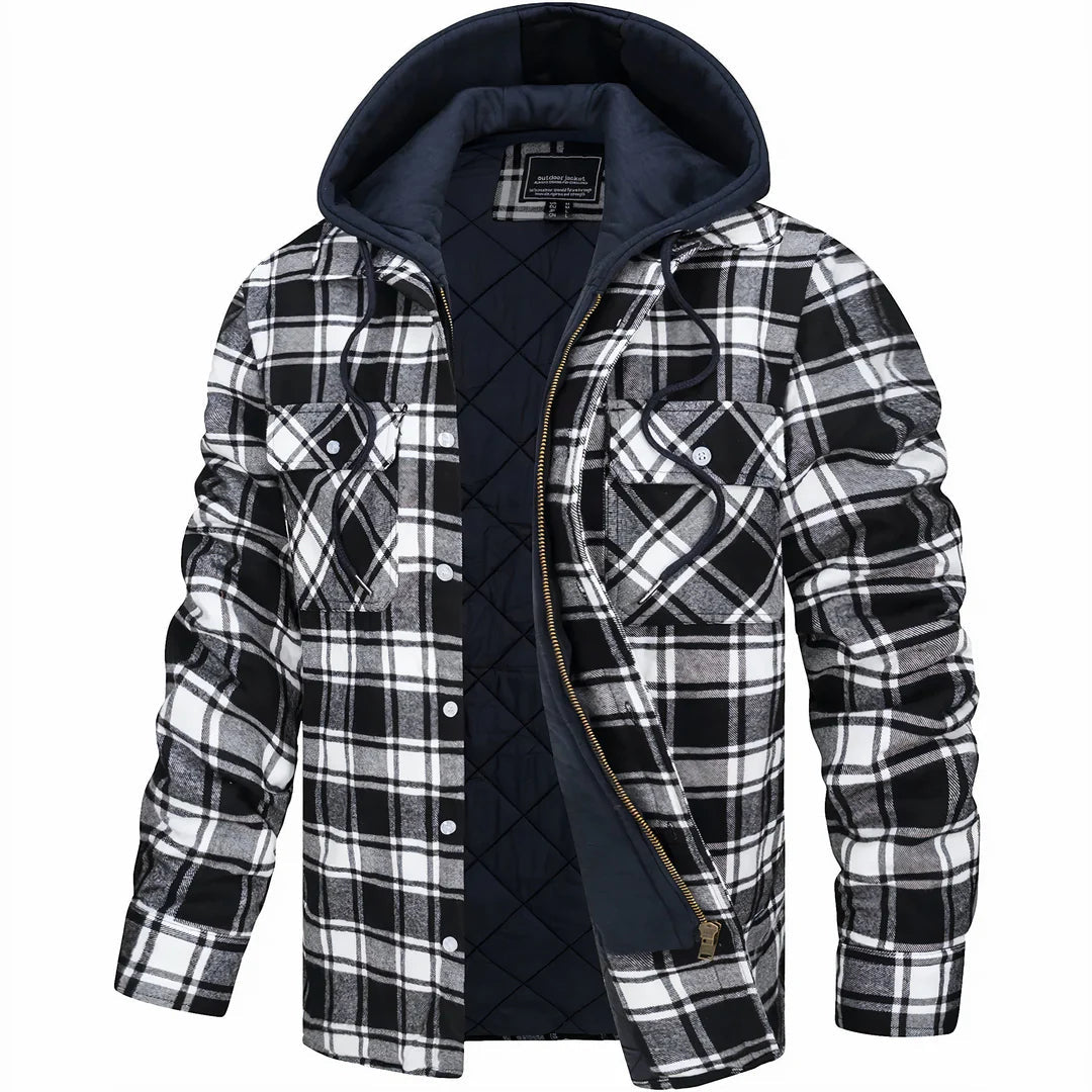 Men’s Quilted Flannel Hooded Jacket – Warm Plaid Zip-Up Winter Shirt Coat