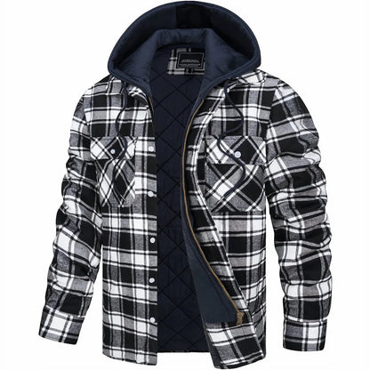 Men’s Quilted Flannel Hooded Jacket – Warm Plaid Zip-Up Winter Shirt Coat