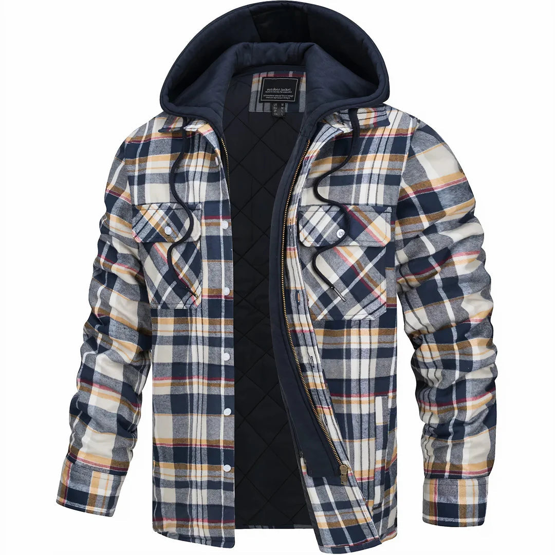 Men’s Quilted Flannel Hooded Jacket – Warm Plaid Zip-Up Winter Shirt Coat