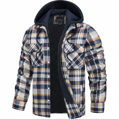 Men’s Quilted Flannel Hooded Jacket – Warm Plaid Zip-Up Winter Shirt Coat