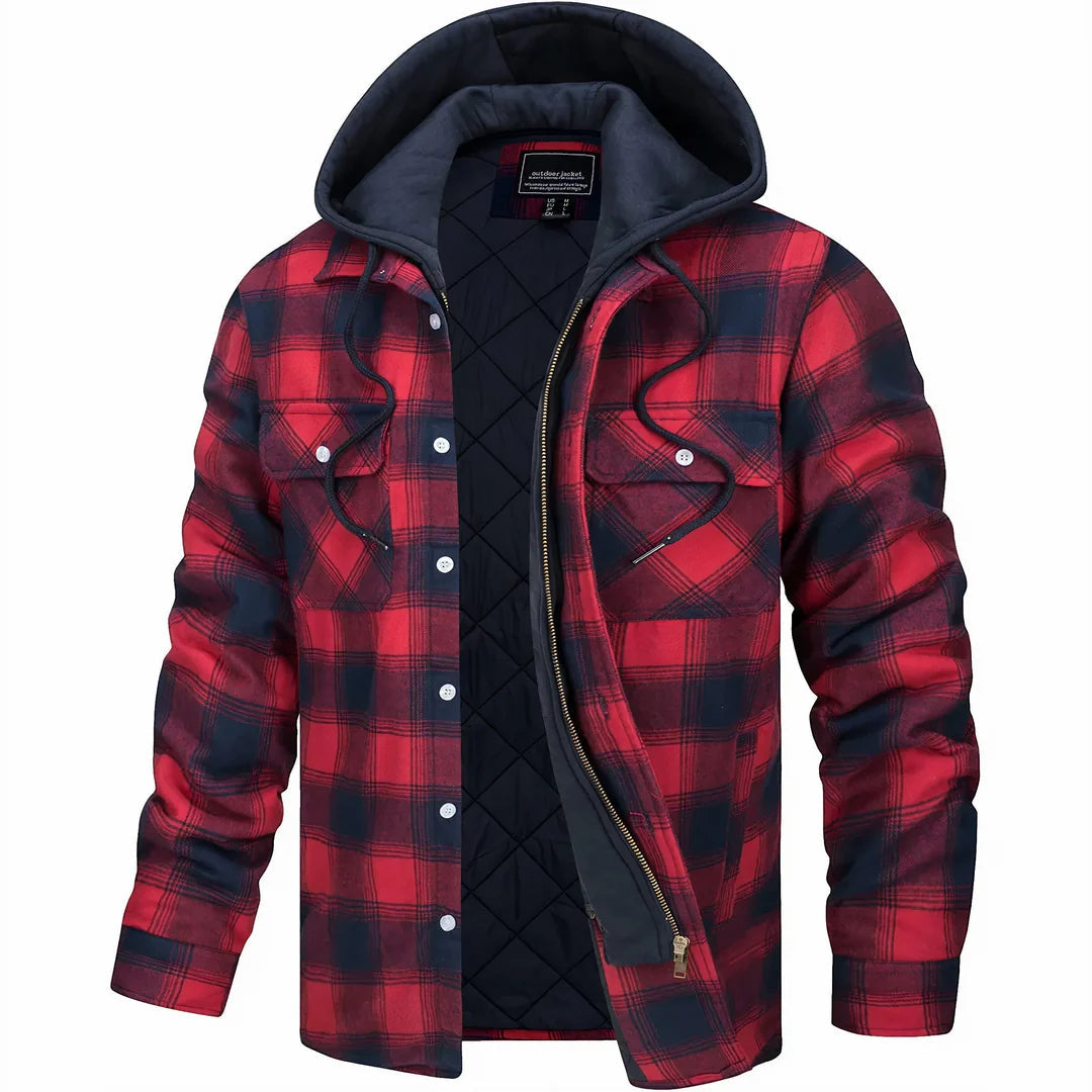 Men’s Quilted Flannel Hooded Jacket – Warm Plaid Zip-Up Winter Shirt Coat