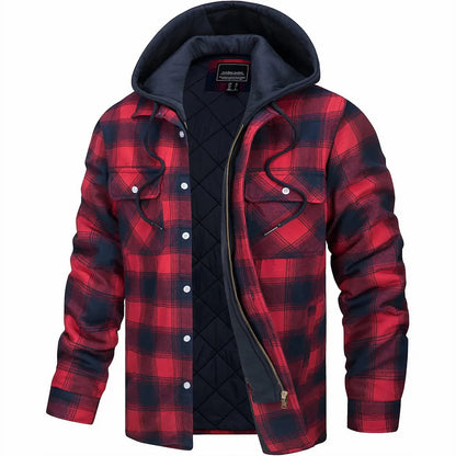 Men’s Quilted Flannel Hooded Jacket – Warm Plaid Zip-Up Winter Shirt Coat