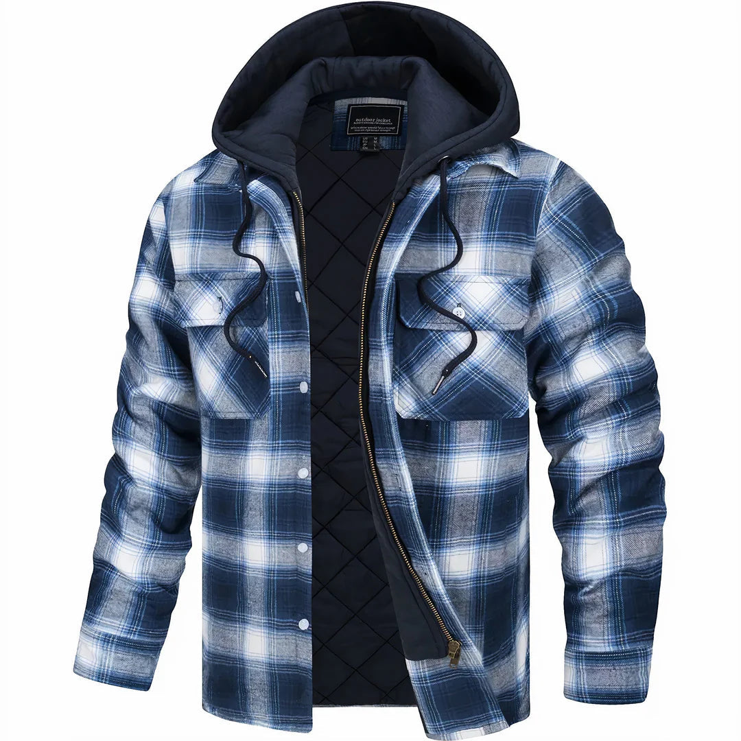 Men’s Quilted Flannel Hooded Jacket – Warm Plaid Zip-Up Winter Shirt Coat