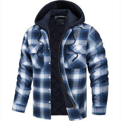 Men’s Quilted Flannel Hooded Jacket – Warm Plaid Zip-Up Winter Shirt Coat
