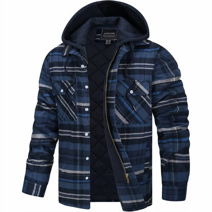 Men’s Quilted Flannel Hooded Jacket – Warm Plaid Zip-Up Winter Shirt Coat