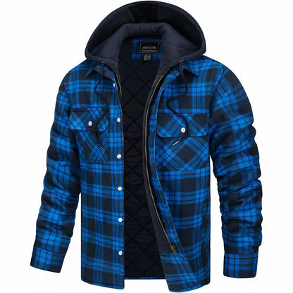 Men’s Quilted Flannel Hooded Jacket – Warm Plaid Zip-Up Winter Shirt Coat