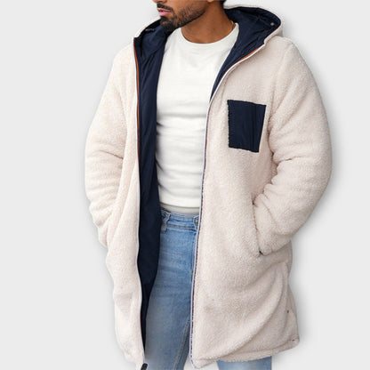 Men’s Reversible Long Fleece Hooded Coat – Dual-Sided Sherpa Winter Jacket
