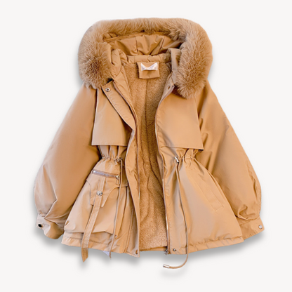 Women’s Beige Faux-Fur Hooded Parka – Warm Winter Jacket